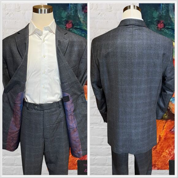 Ted Baker 50XL 42x31 Charcoal Gray Purple Plaid Flannel Men's Designer Suit - Picture 4 of 16